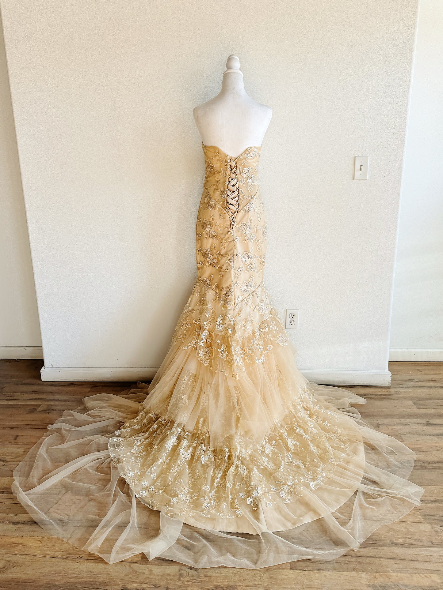 VINTAGE GOLD TIERED BALLGOWN WITH FLORAL EMBROIDERY