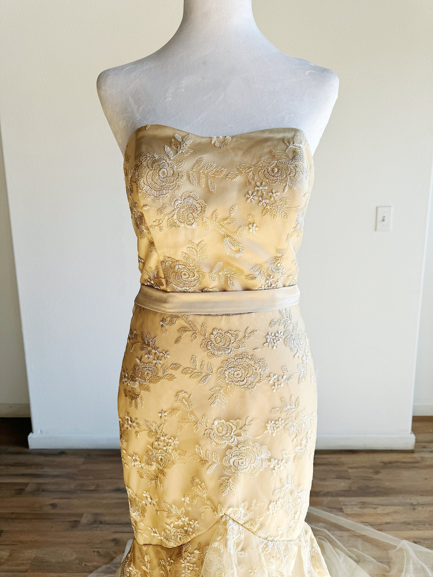 VINTAGE GOLD TIERED BALLGOWN WITH FLORAL EMBROIDERY