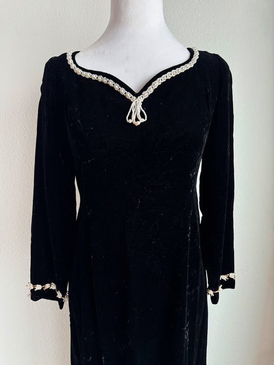 VINTAGE BLACK VELVET MAXI DRESS WITH BEADED DETAILS