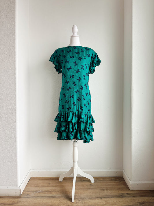 VINTAGE TEAL SILK DRESS WITH BOW PRINT