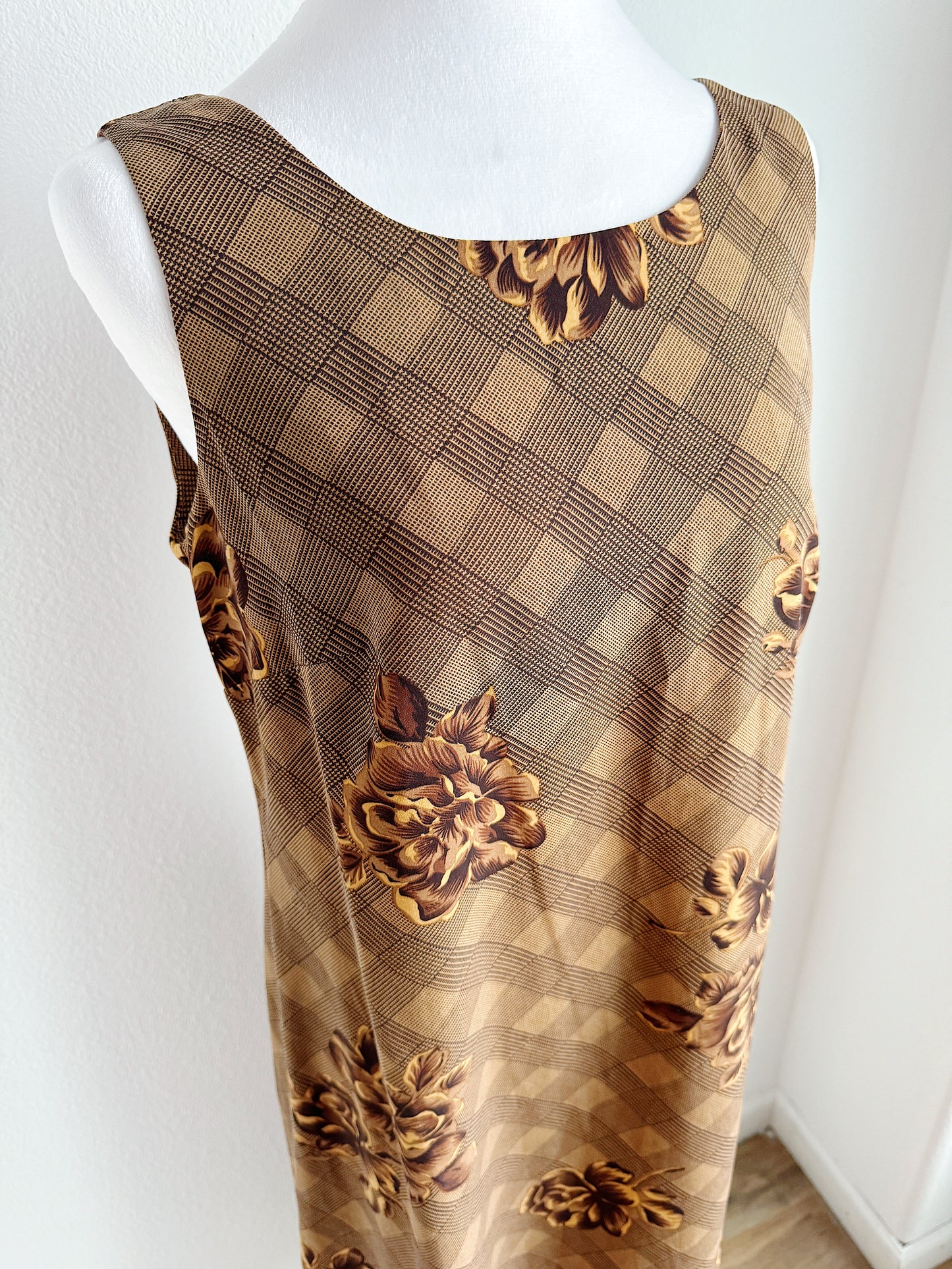 VINTAGE BROWN FLORAL CHECKERED SHIFT DRESS