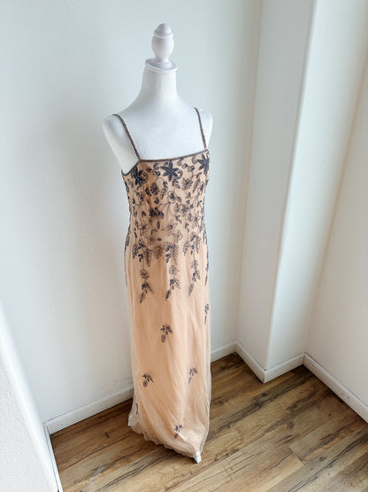 VINTAGE NUDE BEADED FLOOR LENGTH GOWN