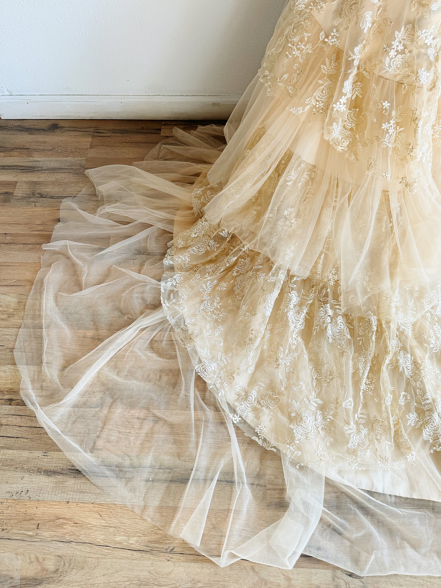 VINTAGE GOLD TIERED BALLGOWN WITH FLORAL EMBROIDERY