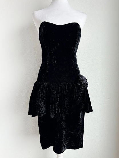 VINTAGE BLACK VELVET COCKTAIL DRESS WITH LAYERED SKIRT