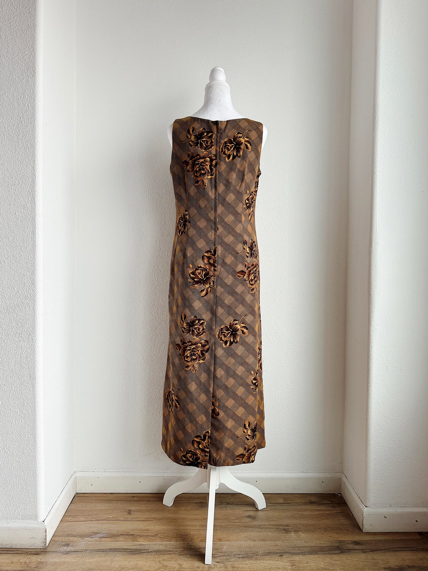 VINTAGE BROWN FLORAL CHECKERED SHIFT DRESS