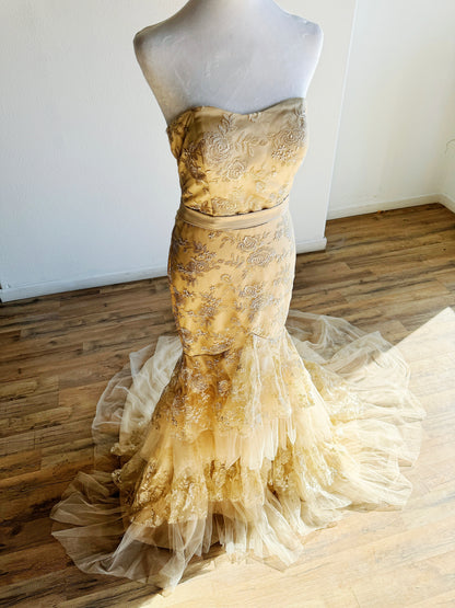 VINTAGE GOLD TIERED BALLGOWN WITH FLORAL EMBROIDERY