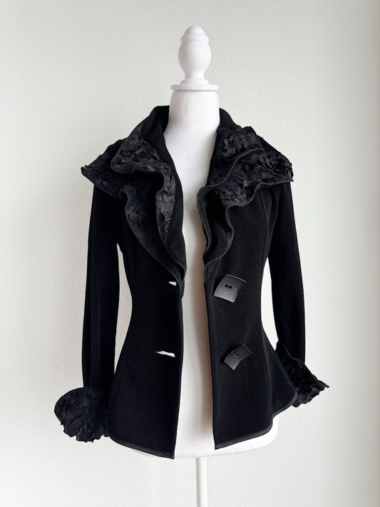 VINTAGE BLACK BLAZER WITH BLACK FLORAL APPLIQUE