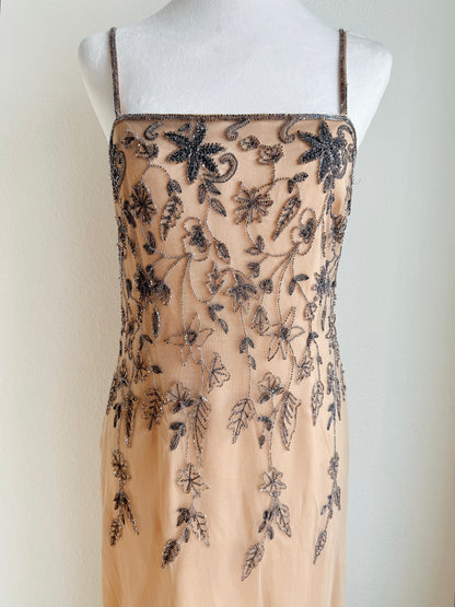 VINTAGE NUDE BEADED FLOOR LENGTH GOWN