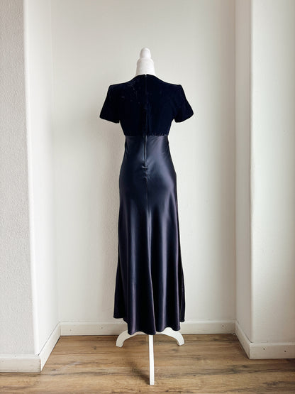 VINTAGE MIDNIGHT BLUE VELVET AND SATIN DRESS