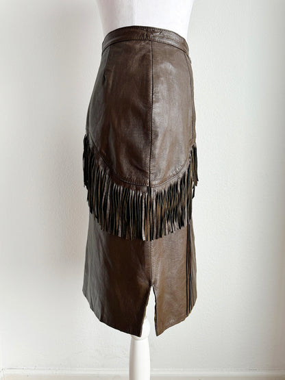 VINTAGE BROWN LEATHER WESTERN FRINGE SKIRT