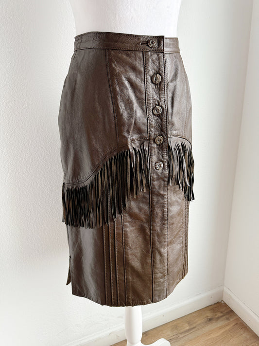 VINTAGE BROWN LEATHER WESTERN FRINGE SKIRT