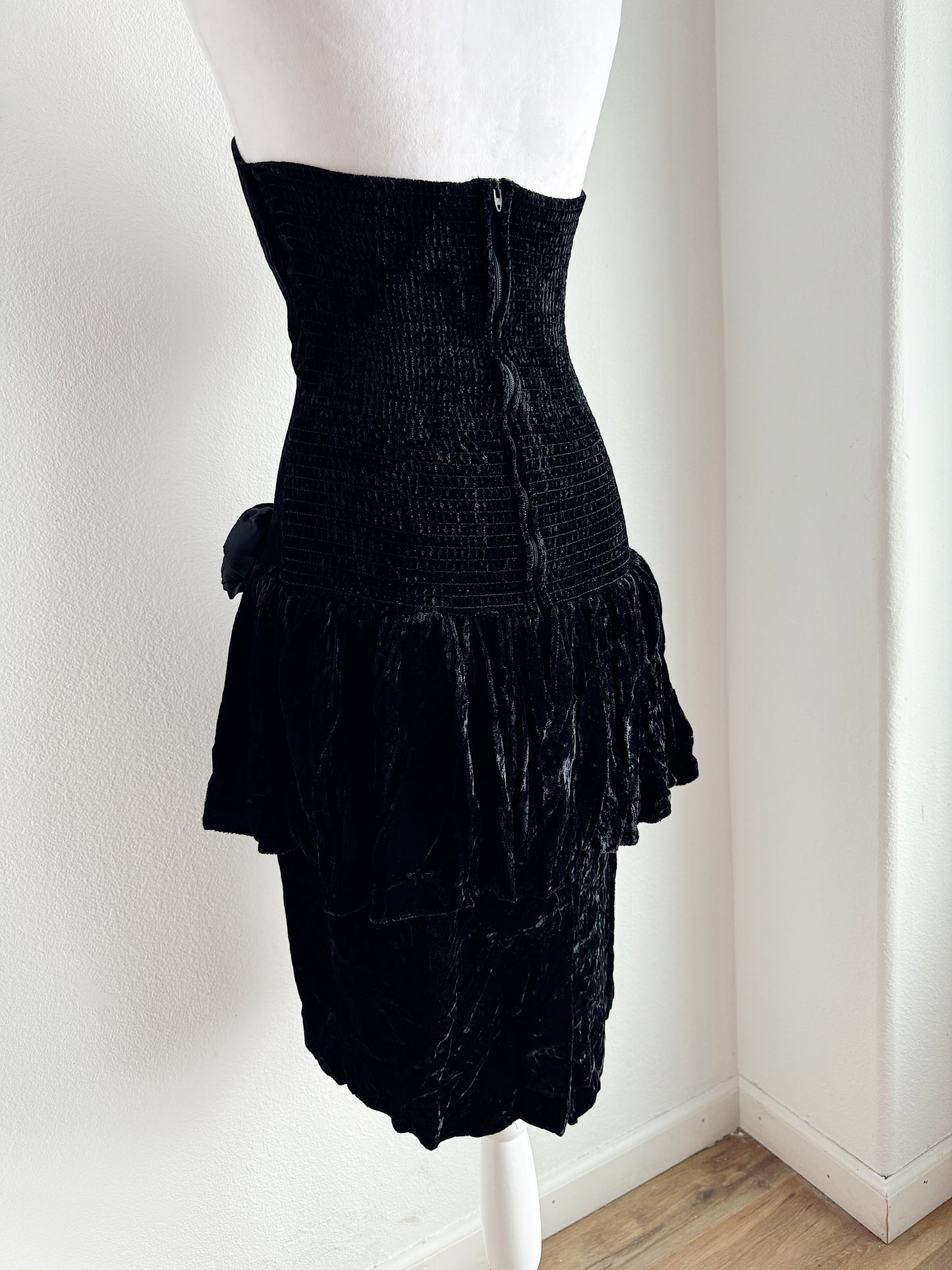 VINTAGE BLACK VELVET COCKTAIL DRESS WITH LAYERED SKIRT