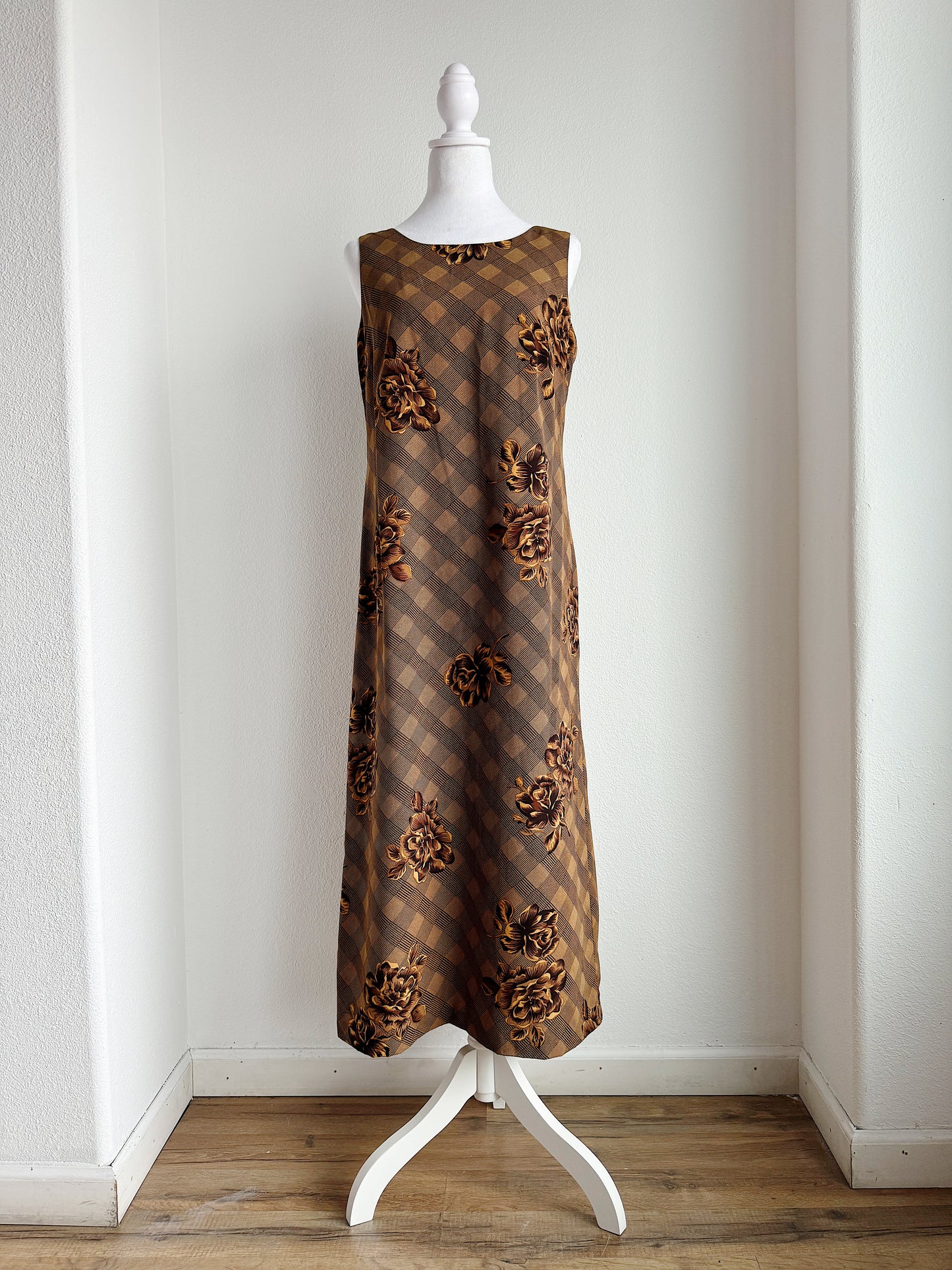 VINTAGE BROWN FLORAL CHECKERED SHIFT DRESS