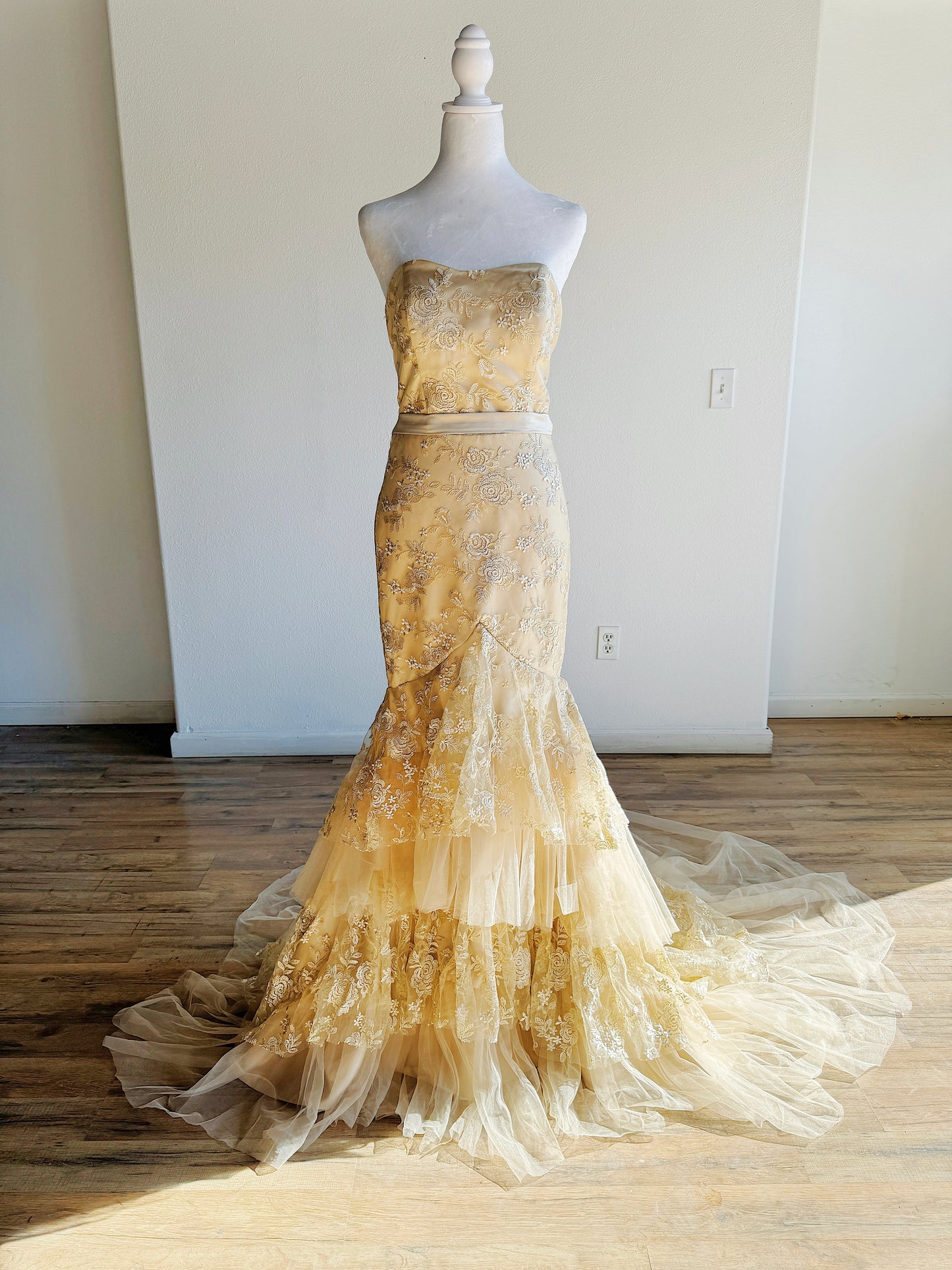 VINTAGE GOLD TIERED BALLGOWN WITH FLORAL EMBROIDERY