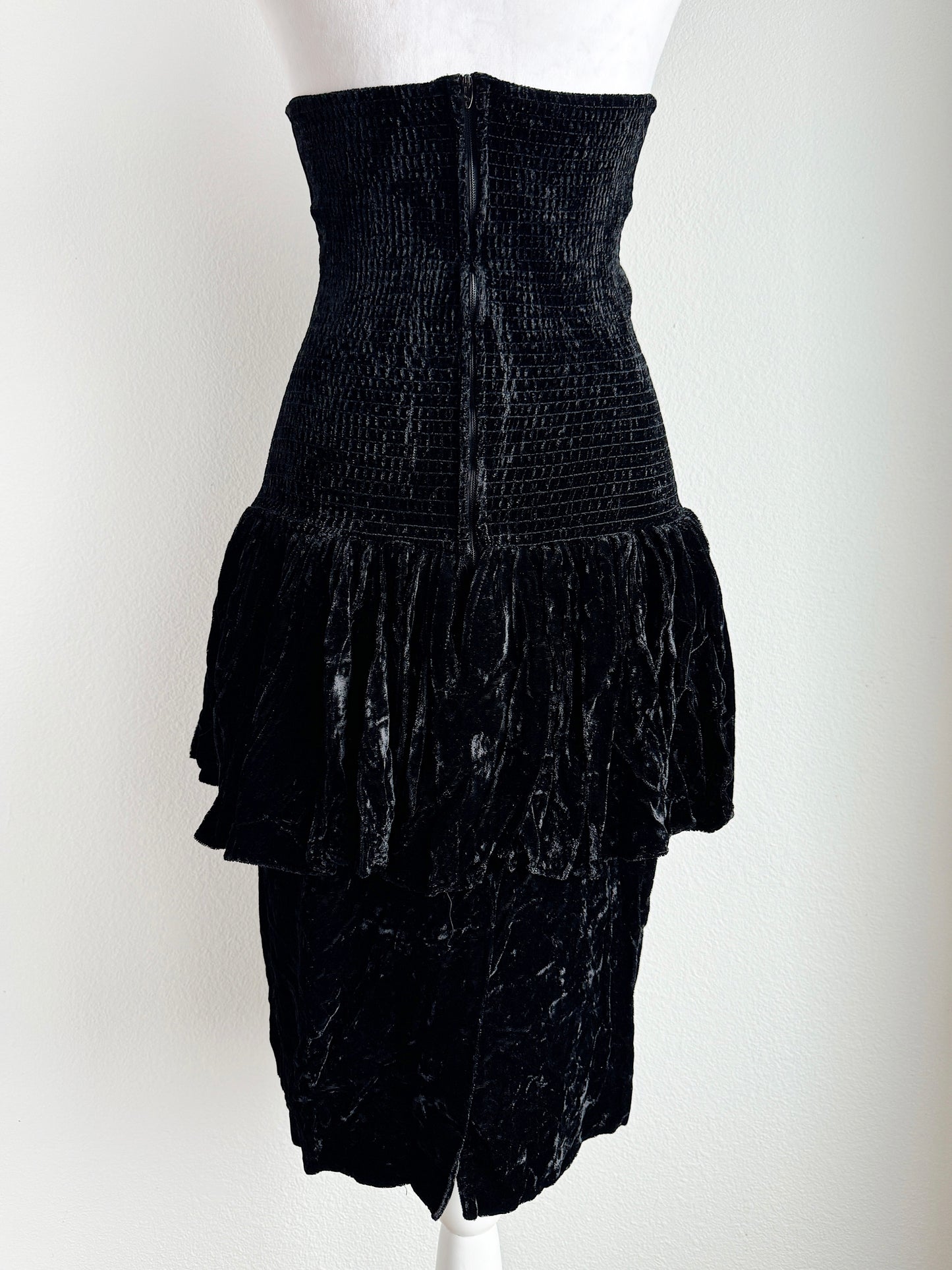 VINTAGE BLACK VELVET COCKTAIL DRESS WITH LAYERED SKIRT