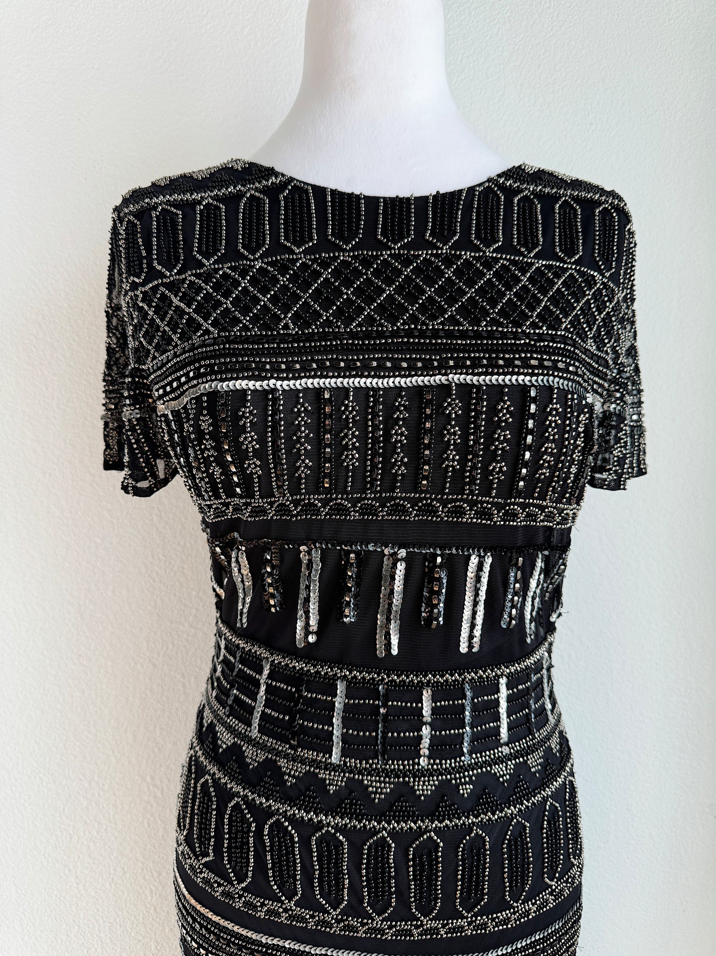 VINTAGE BLACK AND SILVER BEADED MINI DRESS