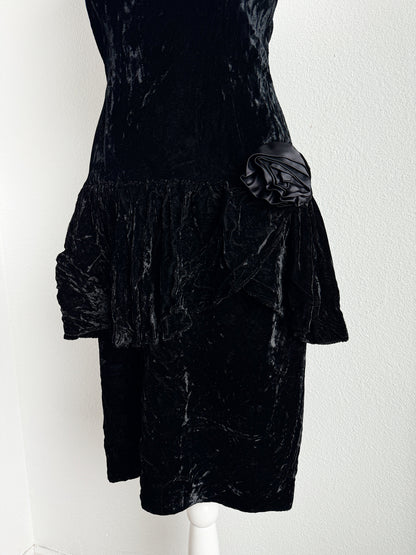 VINTAGE BLACK VELVET COCKTAIL DRESS WITH LAYERED SKIRT