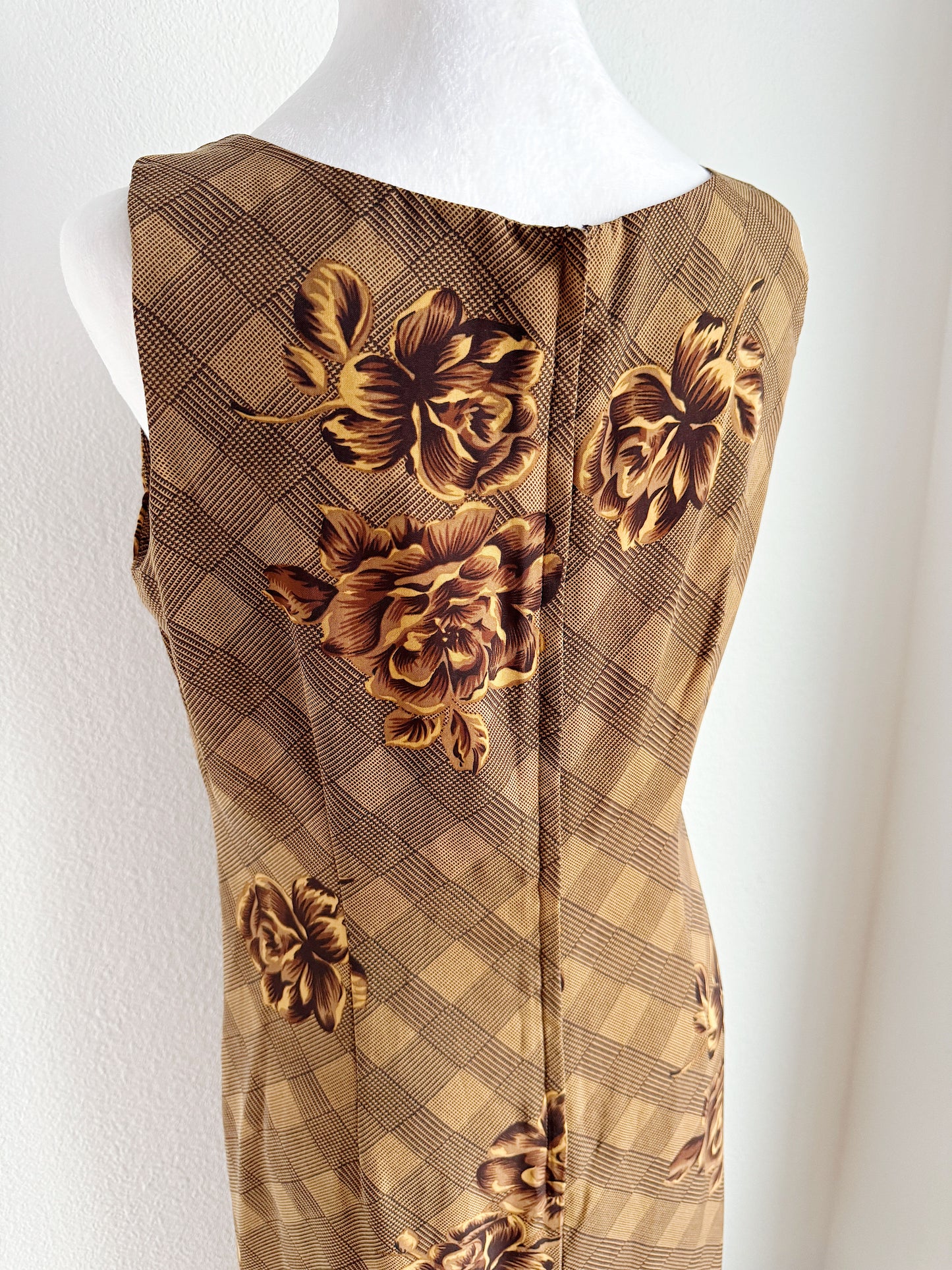 VINTAGE BROWN FLORAL CHECKERED SHIFT DRESS