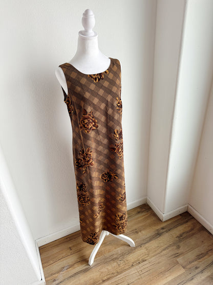 VINTAGE BROWN FLORAL CHECKERED SHIFT DRESS