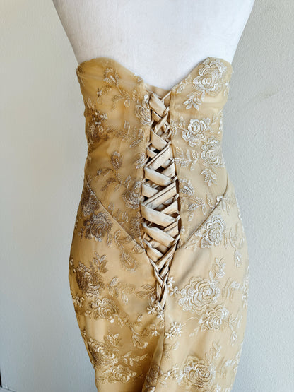 VINTAGE GOLD TIERED BALLGOWN WITH FLORAL EMBROIDERY