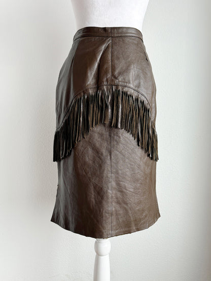 VINTAGE BROWN LEATHER WESTERN FRINGE SKIRT