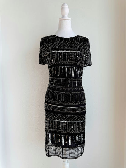 VINTAGE BLACK AND SILVER BEADED MINI DRESS